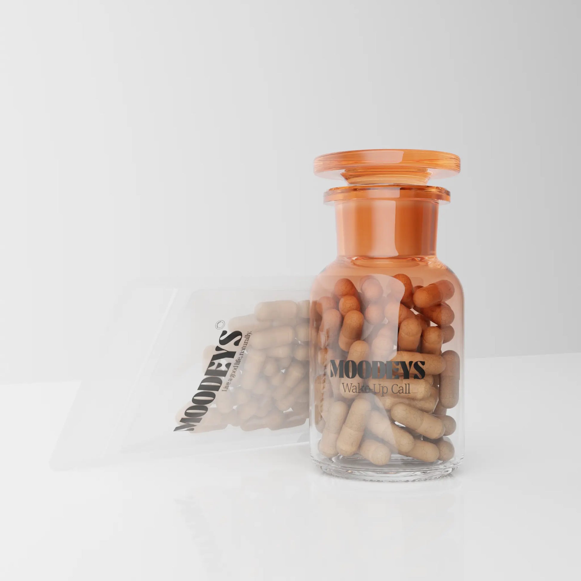 Wake up call - brain supplement bottle and pouch